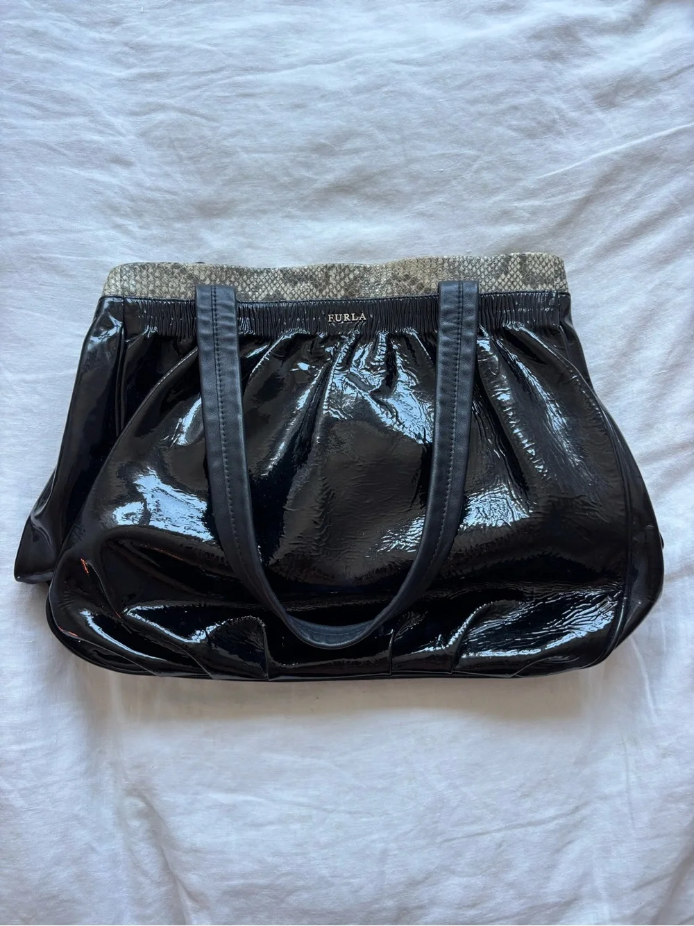 Vintage Furla Black Pure with Snake Print Trim